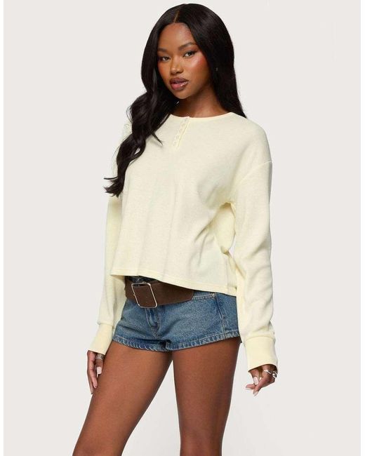 Edikted Natural Deni Long Sleeve Henley Waffle Top