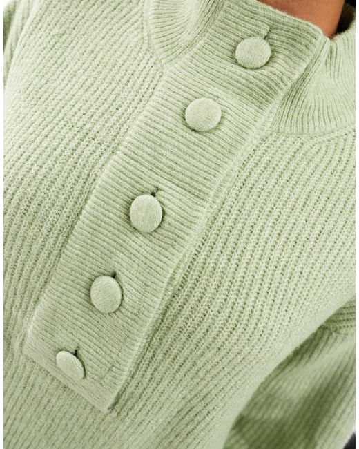 Pieces Green Textured High Neck Button Detail Jumper