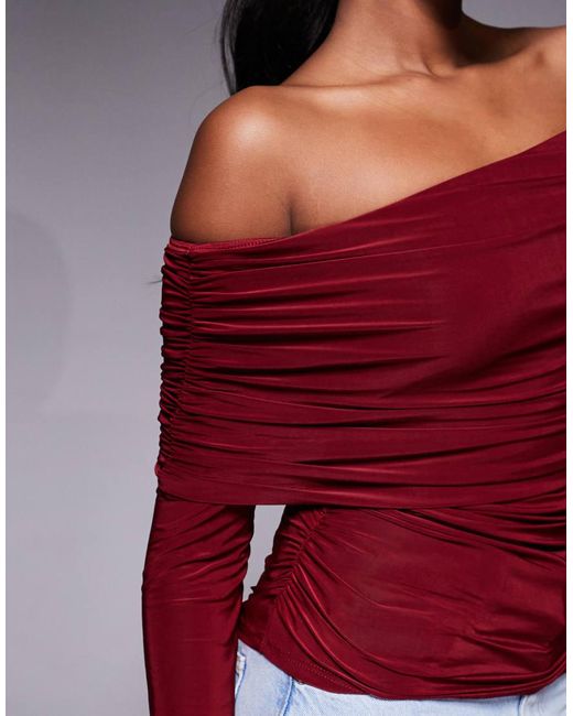 ASOS Red Slinky Drape Bardot Long Sleeve Top