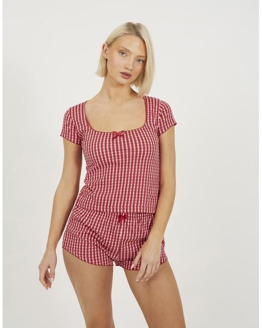 Brave Soul Red Bow Detail Cropped Top And Short Pyjama Set