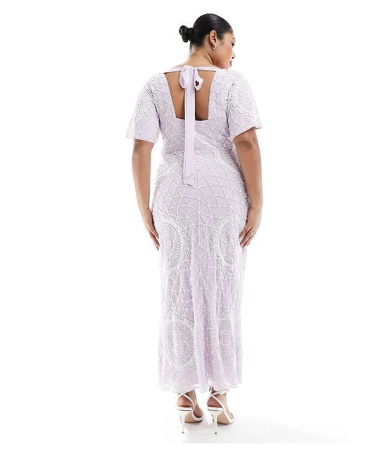 ASOS White Asos Design Curve Exclusive Flutter Sleeve Circular Embellished Plunge Midi Dress