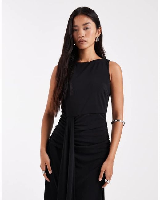 Six Stories Black Bridesmaids Stretch High Neck Sleeveless Maxi Dress With Ruched Front