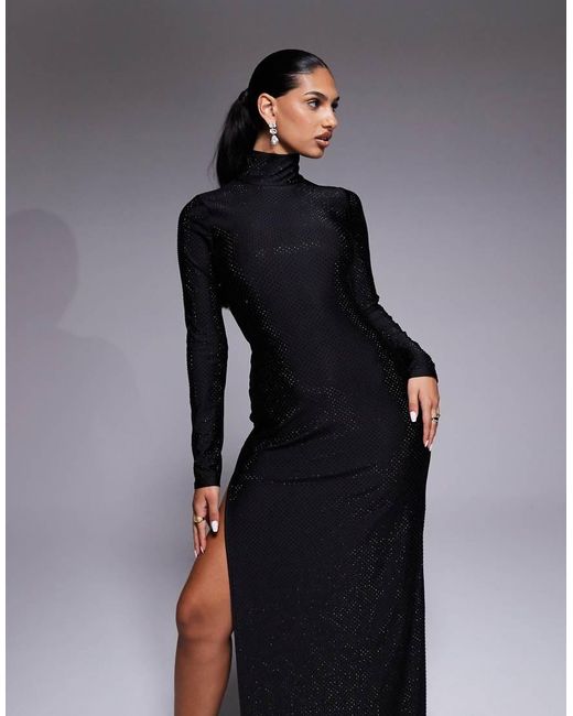 AFRM Black Hotfix Roll Neck Thigh Split Maxi Dress