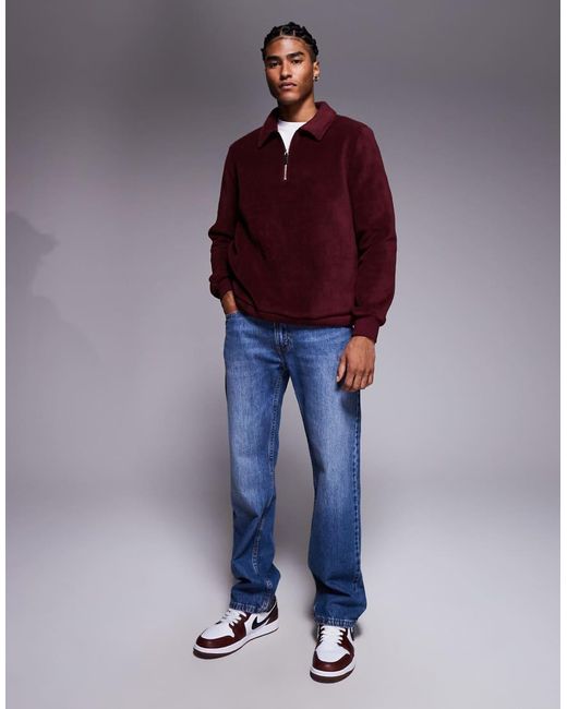 ASOS Red Quarter Zip Fleece Sweatshirt With Collar for men