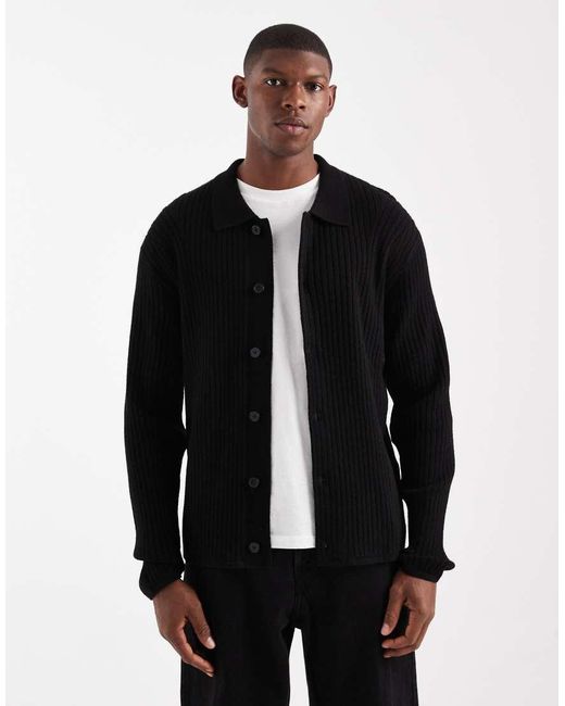Jack & Jones Black Premium Ribbed Cardigan With Collar for men