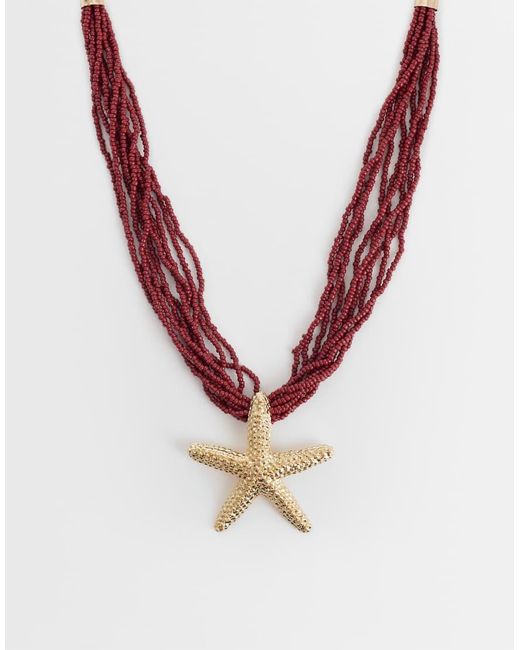 ASOS Pink Mutli-row Necklace With Burgundy Beads And Starfish Pendant