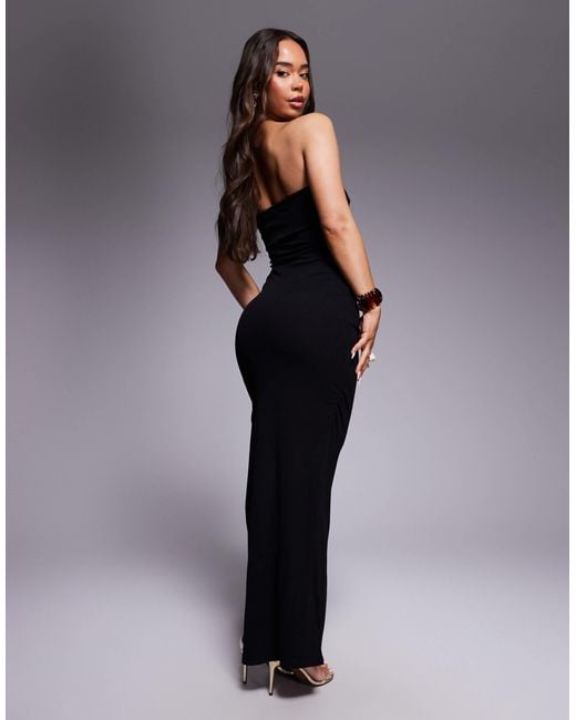 black double thigh split dress Princess Strapless Layered Black Lace Prom Dress, Short Black Lace Hom –  abcprom main image 1