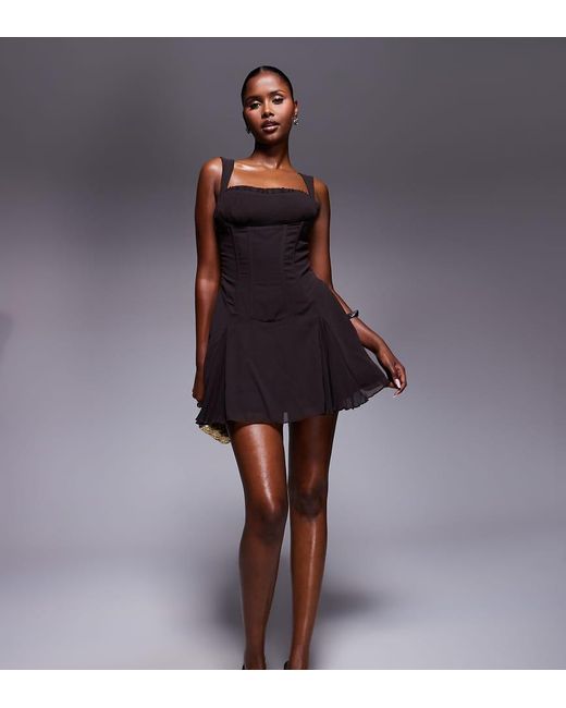 Murci Brown Exclusive Chiffon Corset Waist Pleated Hem Mini Dress