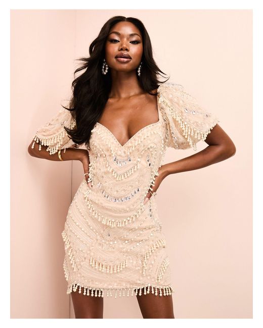 ASOS Natural Encrusted Mini Dress With Puff Sleeves And Faux Pearl Embellishment
