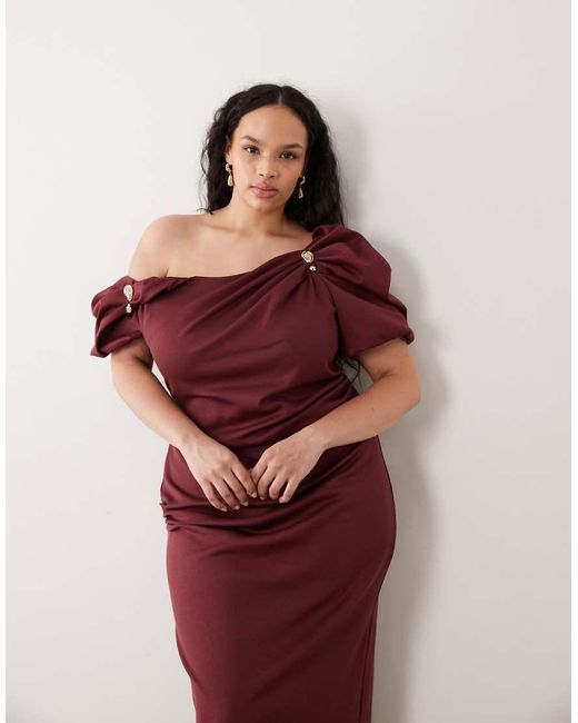 ASOS Red Asos Design Curve Trim Detail Fallen Shoulder Puff Sleeve Midi Dress