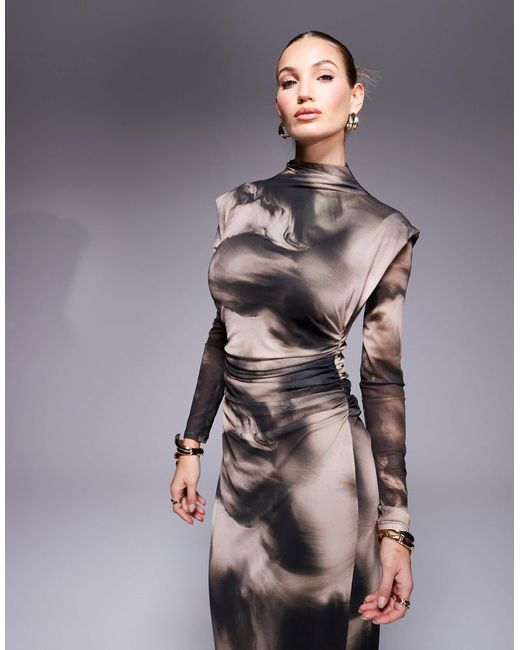 ASOS Blue – langärmliges, hochgeschlossenes maxikleid mit marmormuster
