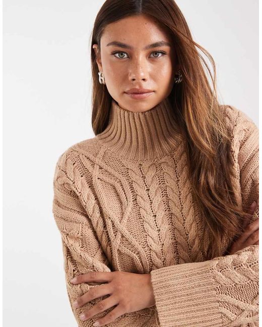 Brave Soul Brown Chunky Cable Knit High Neck Jumper