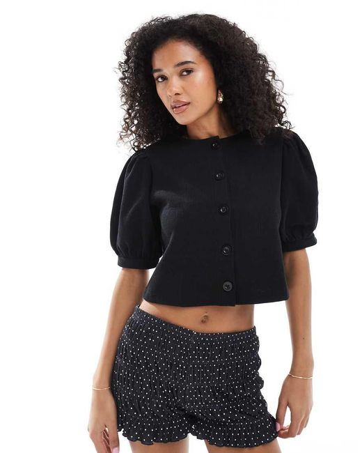 Miss Selfridge Premium Zachte Geribbelde Top Met Pofmouwen in het Black