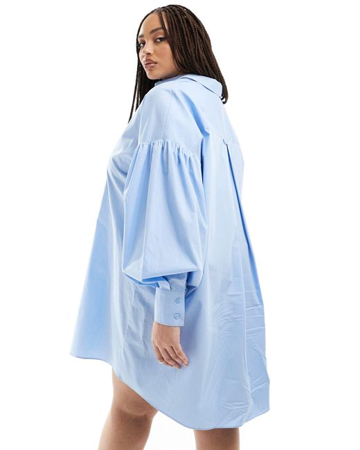 ASOS Blue Asos Design Curve Ultimate Boyfriend Mini Shirt Dress With Volume Sleeve