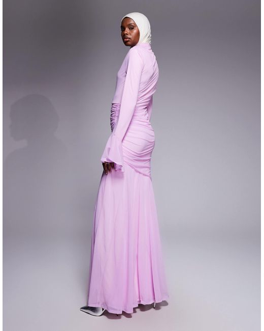 ASOS Purple Stretch Chiffon Ruched Draped Waist Maxi Dress With Fluted Sleeve