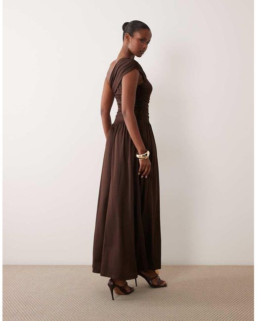 Y.A.S Brown Draping One Shoulder Maxi Dress