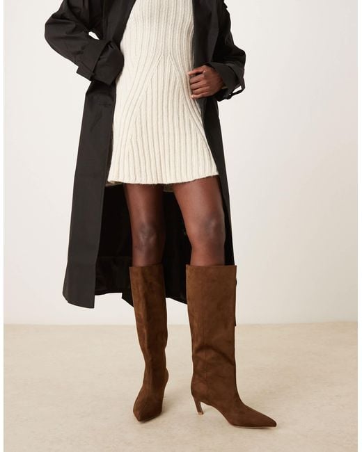 ASOS Natural Carmel Pull-On Kitten Heeled Knee Boots