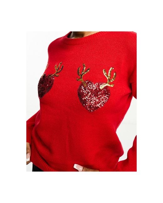 Maglione natalizio con corna di cervo e cuoricini di Brave Soul in Red