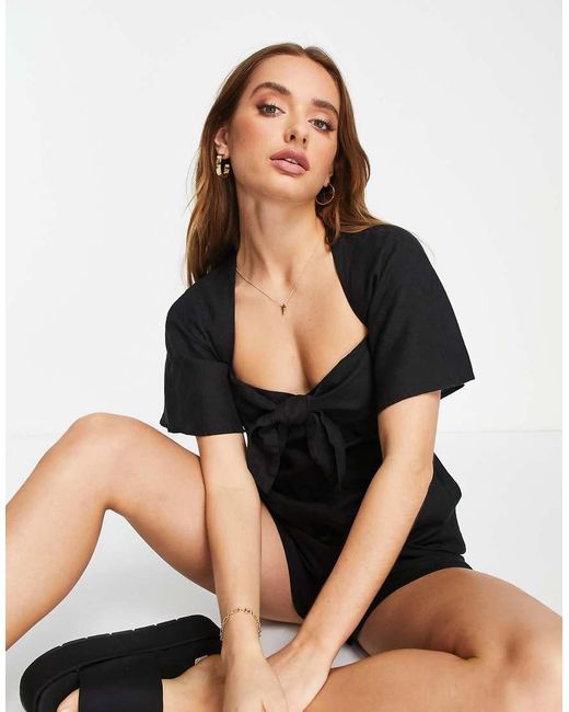 & Other Stories Black Knot Detail Linen Playsuit