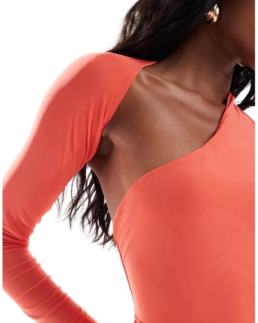 ASOS Red Mesh Wrap Around One Shoulder Midi Dress With Gauged Skirt