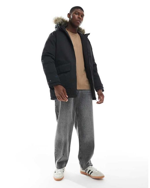 Jack & Jones Black Parka With Faux Fur Hood for men