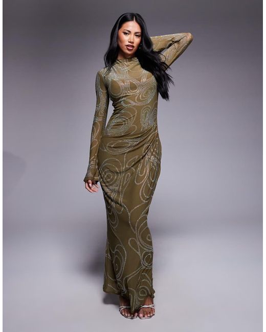 ASOS Green Embellished Artwork Hotfix Long Sleeve Maxi Dress With Ruched Skirt