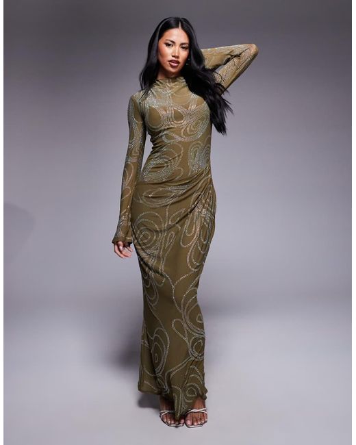 ASOS Maxi Jurk Met Hotfix Versiering, Lange Mouwen En Gerimpelde Rok in het Green