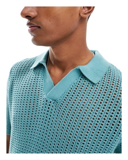 ASOS – polohemd aus leichtem pointelle-strick in Blue für Herren
