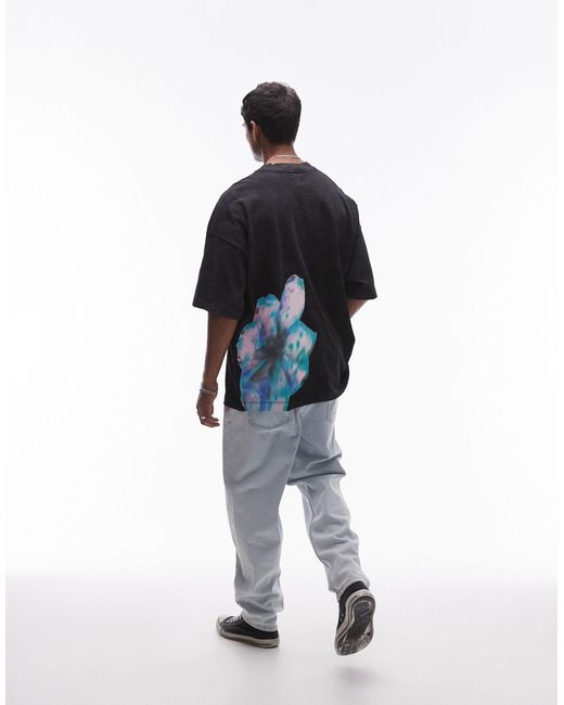 Camiseta lavado extragrande con estampado floral difuminado en la parte delantera y trasera Topman de hombre de color Black
