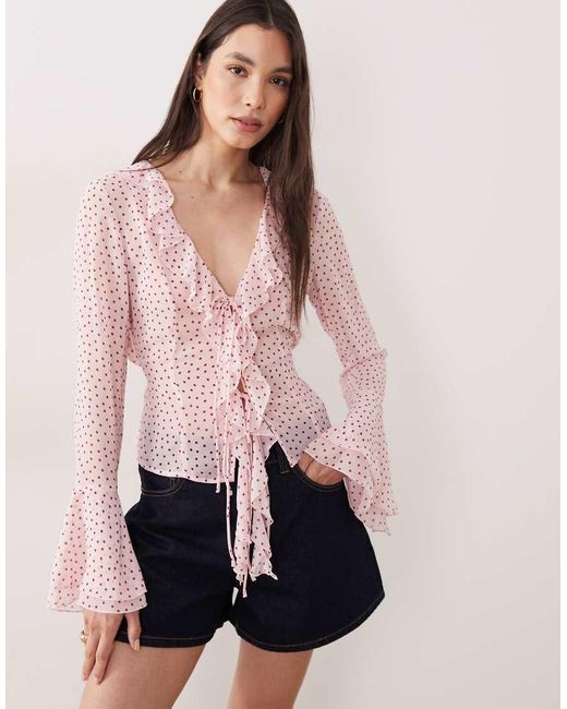 Gina Tricot Pink V-neck Ruffle Blouse