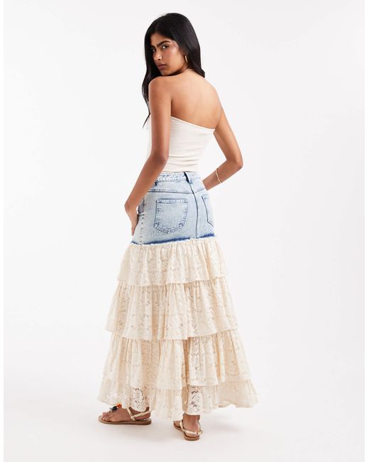 Miss Selfridge White Lace Contrast Denim Maxi Skirt