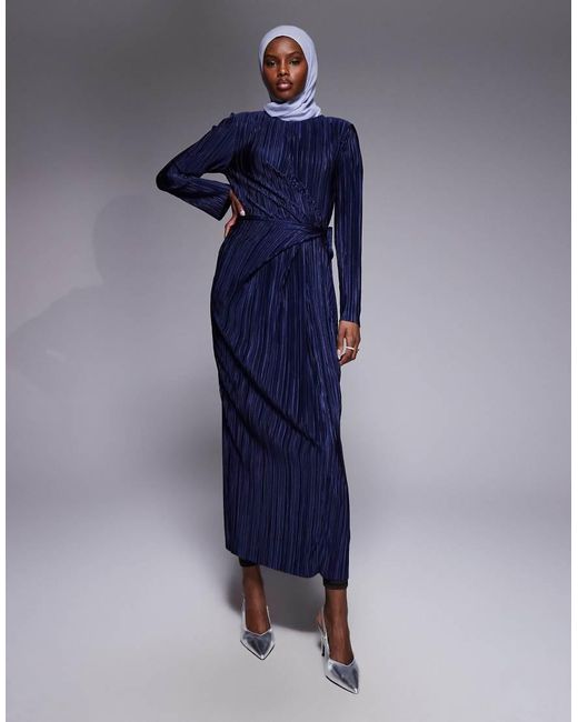 ASOS Blue Plisse Long Sleeve Wrap Tie Waist Maxi Dress