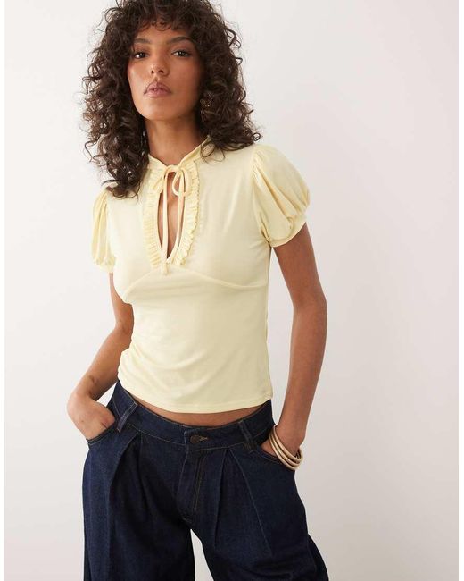 Miss Selfridge Blue Ruffled Keyhole Top With Mandarin Collar