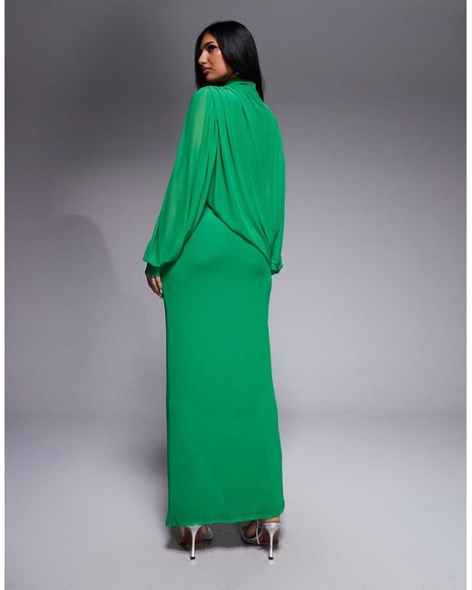 ASOS Green Modesty Mesh Wrap Over Draped Blouson Sleeve Maxi High Neck Dress