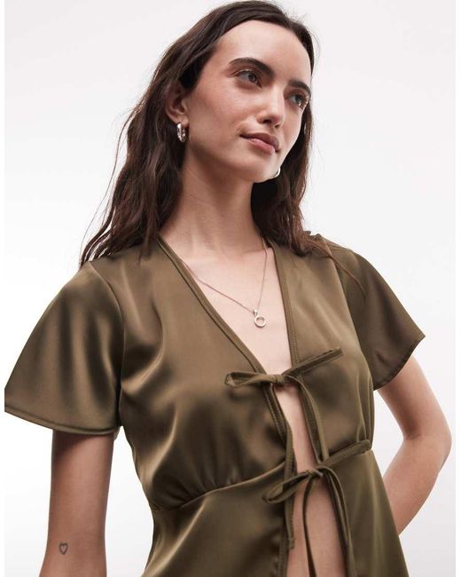 Reclaimed Vintage Green Satin Tie Front Top