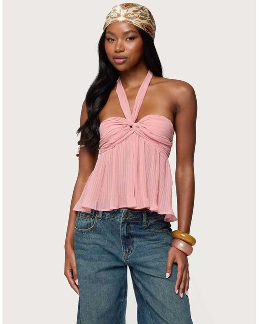 Edikted Red Pleated Chiffon Babydoll Halter Top