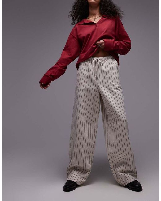 TOPSHOP Purple Pull On Tie Waist Stripe Straight Leg Trouser