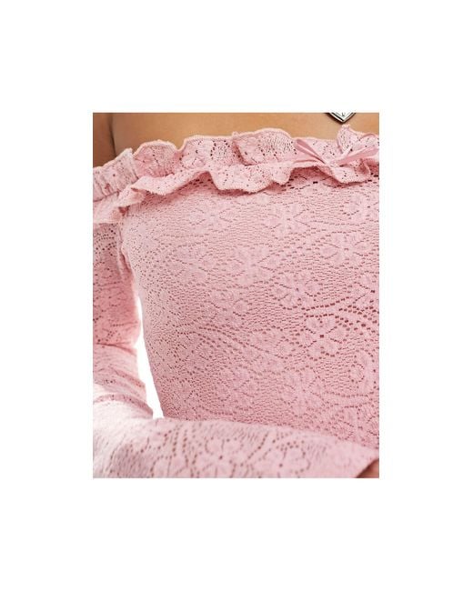 Motel Pink Off Shoulder Ruffle Lace Long Sleeve Mini Dress