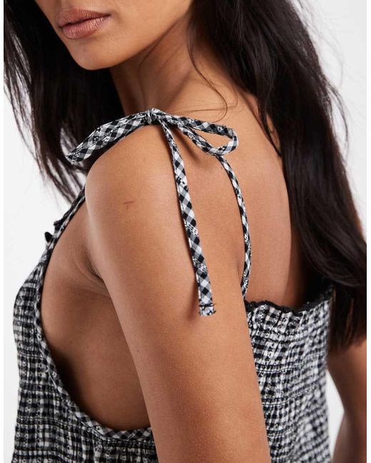 Levi's Gray Shirred Checked Mini Sundress