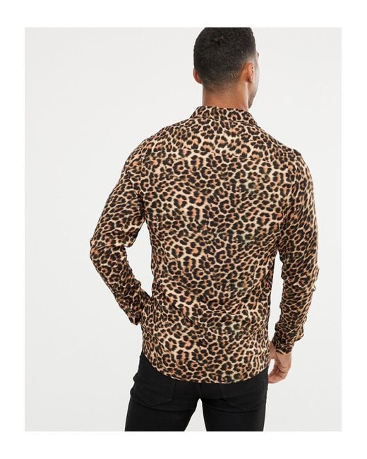 ASOS Skinny Fit Leopard Print Shirt in Brown for Men | Lyst