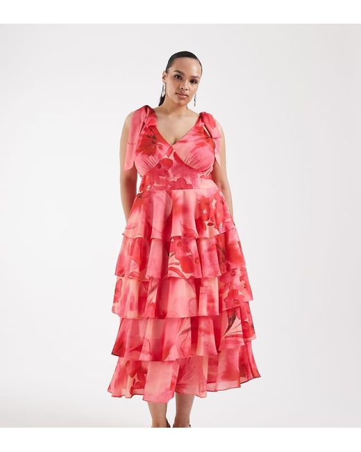 Pretty Lavish Curve Red Florie Tie Shoulder Ruffle Midaxi Dress