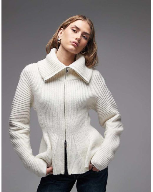 Monki Natural Double Zip Cinch Cardigan With Peplum Hem