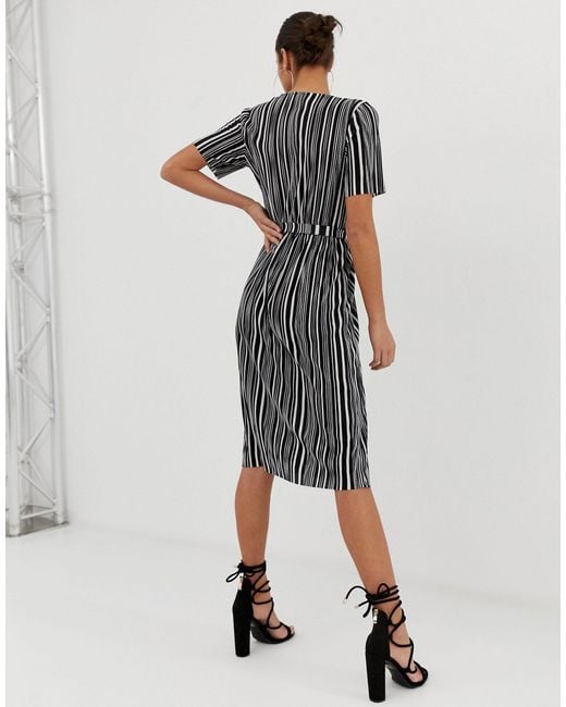 black colour block plisse wrap dress