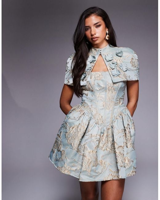 ASOS Gray Jacquard Corset Skater Dress With Cape Detail And 3d Flowers