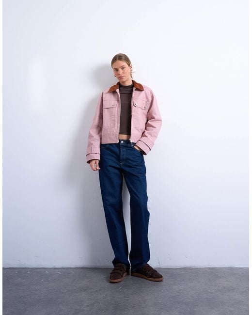 TOPSHOP Pink Patch Pocket Barn Jacket With Contrast Collar