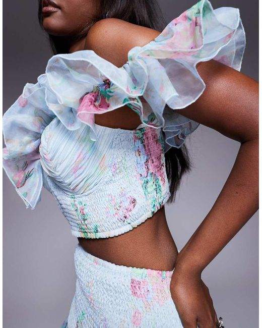 ASOS Blue Co-Ord Shirred Cupped Cropped Top With Ruffle Detail