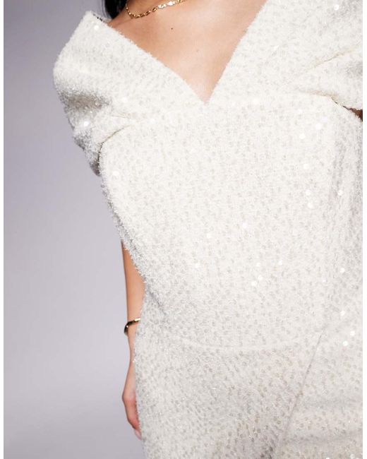 Lavish Alice Purple Draped Bardot Sequin Boucle Midi Dress