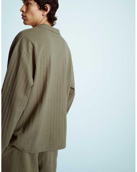 Topman Green Boxy Oversized Fit Long Sleeve Button Through Jersey Shirt With Seersucker for men
