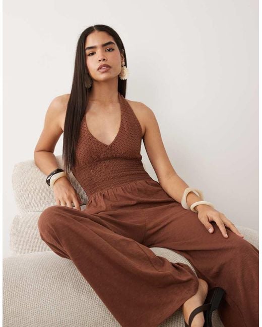 ASOS Brown Crochet Shirred Jumpsuit