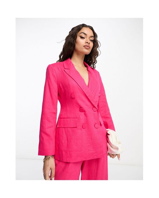 ASOS Petite Linen Double Breasted Suit Blazer in Pink